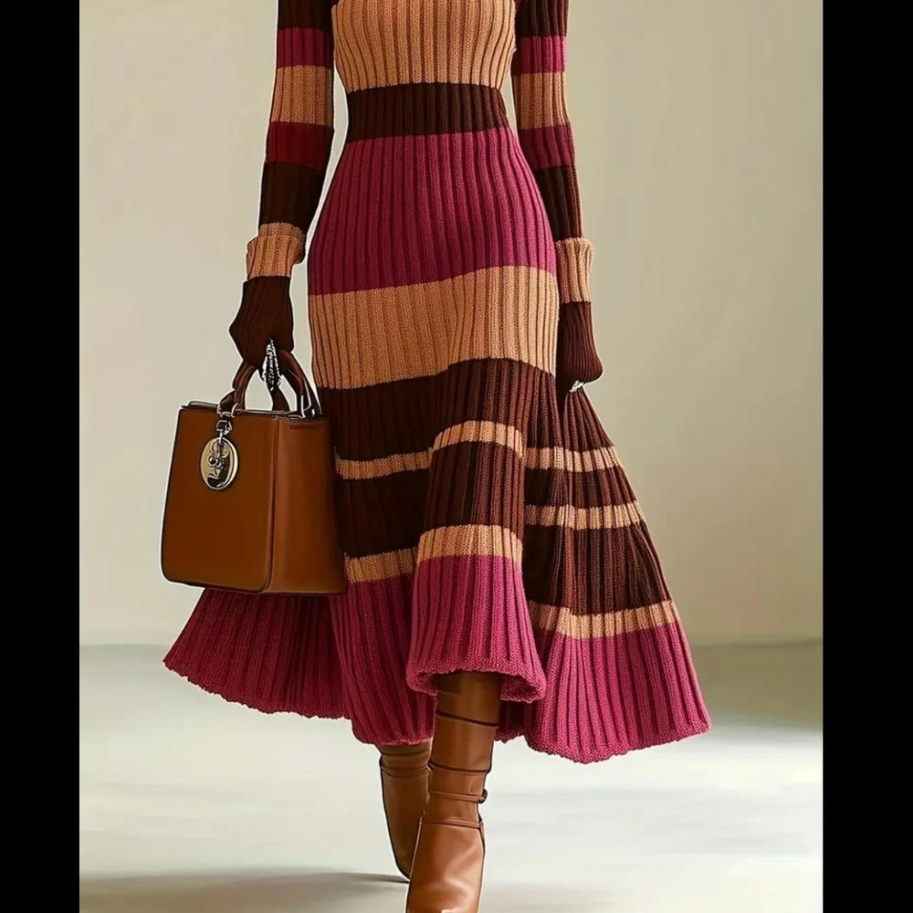 Chic Long Sleeve Brown and Pink Dress - Picture 4 of 4